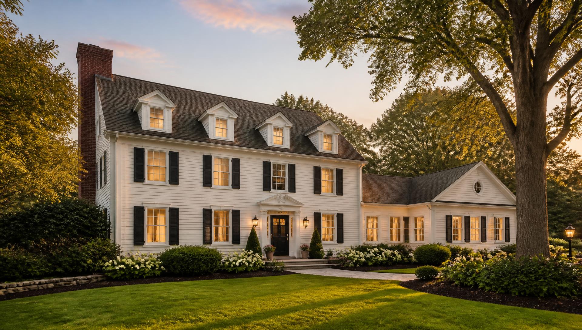 New England colonial home at golden hour in Norfolk County, Massachusetts